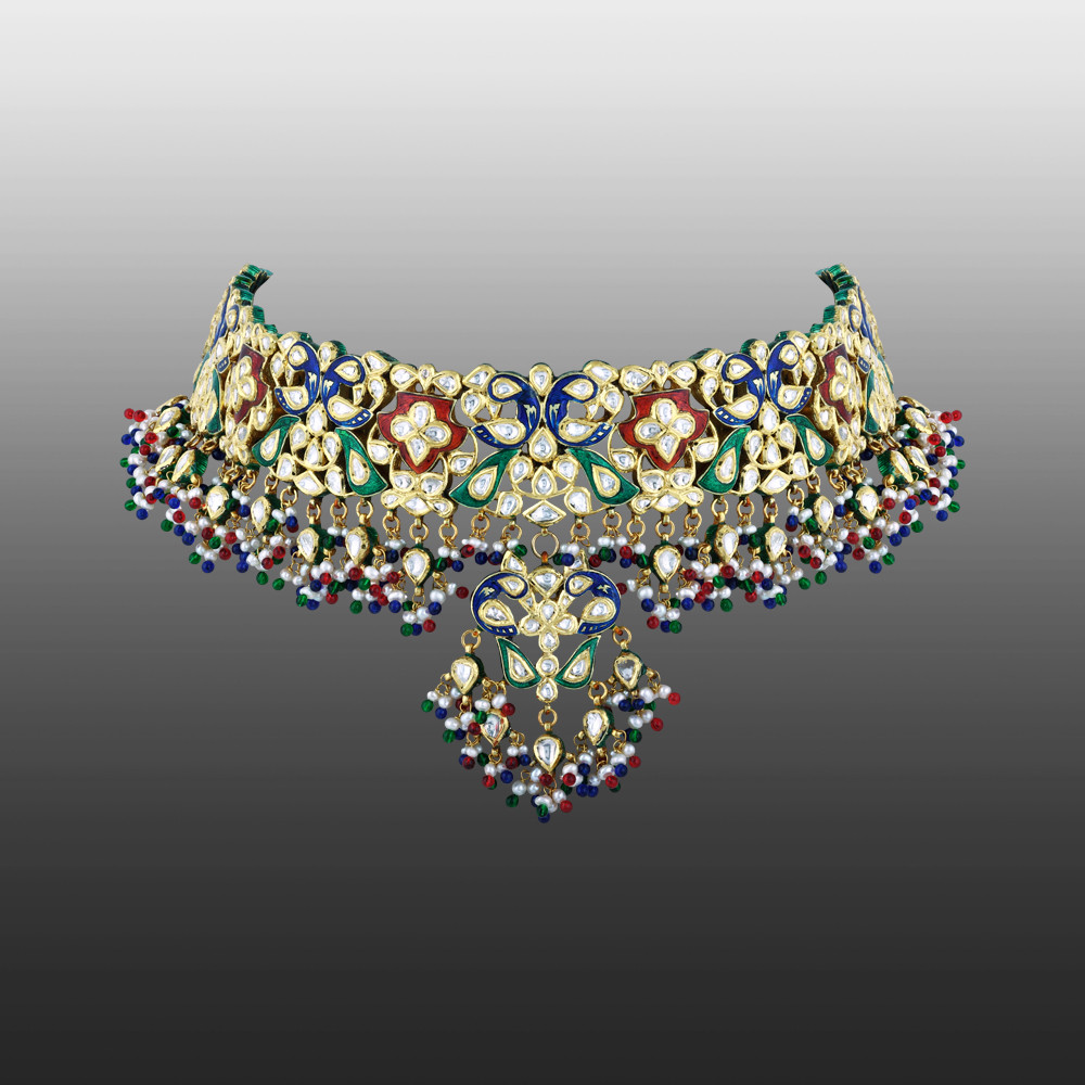 Polki Choker with Multicoloured Enamel and Beads